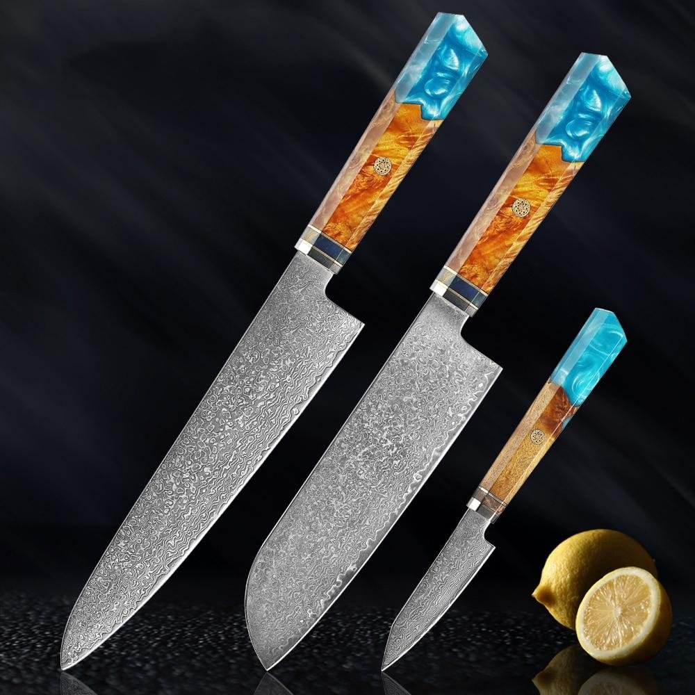 Makito Damascus stalen messen met gekleurde blauwe harshandgreep
