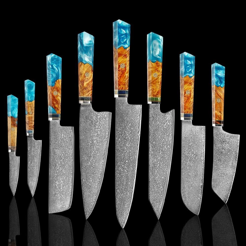 Makito Damascus stalen messen met gekleurde blauwe harshandgreep