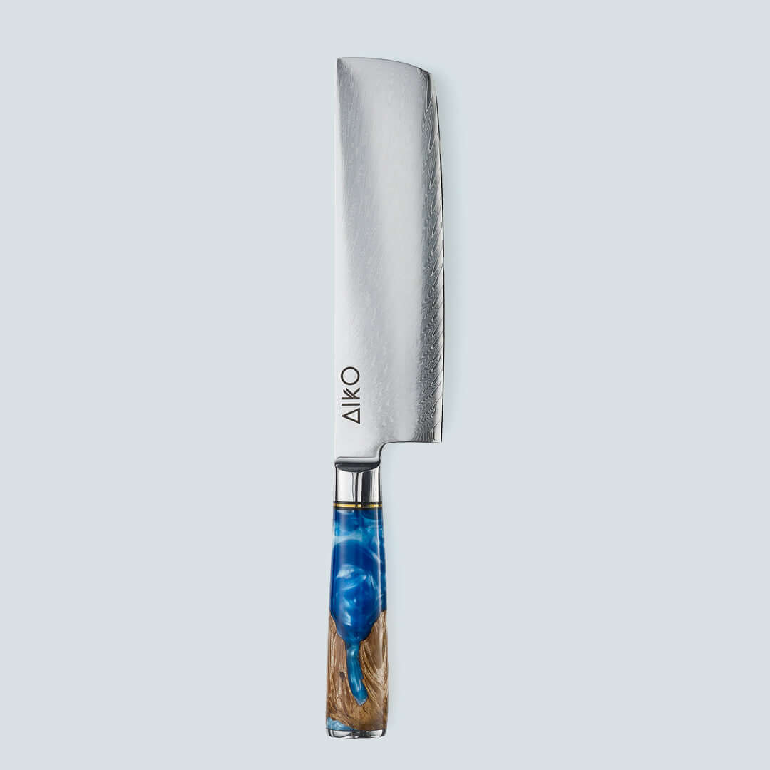 Aiko Blue (あいこ, アイコ) Damaskus -Stahlmesser mit farbigem Blauharzgriff