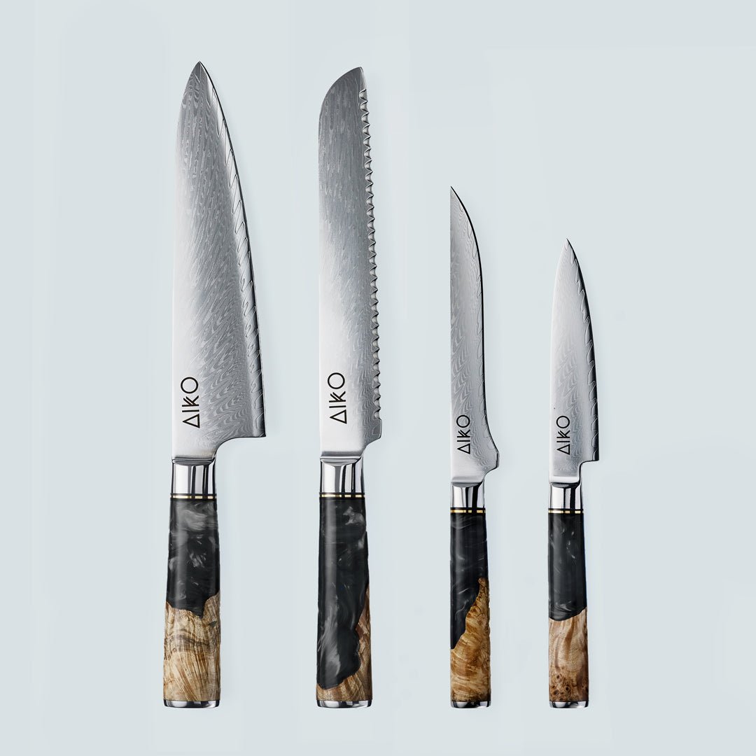 Aiko Black (あいこ, アイコ) Damascus stalen mes met gekleurde zwarte harshandgreep
