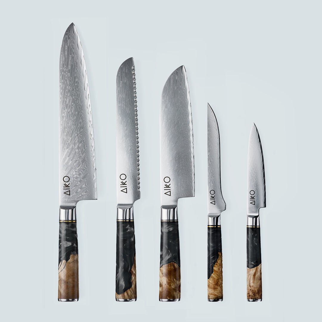 Aiko Black (あいこ, アイコ) Damascus stalen mes met gekleurde zwarte harshandgreep