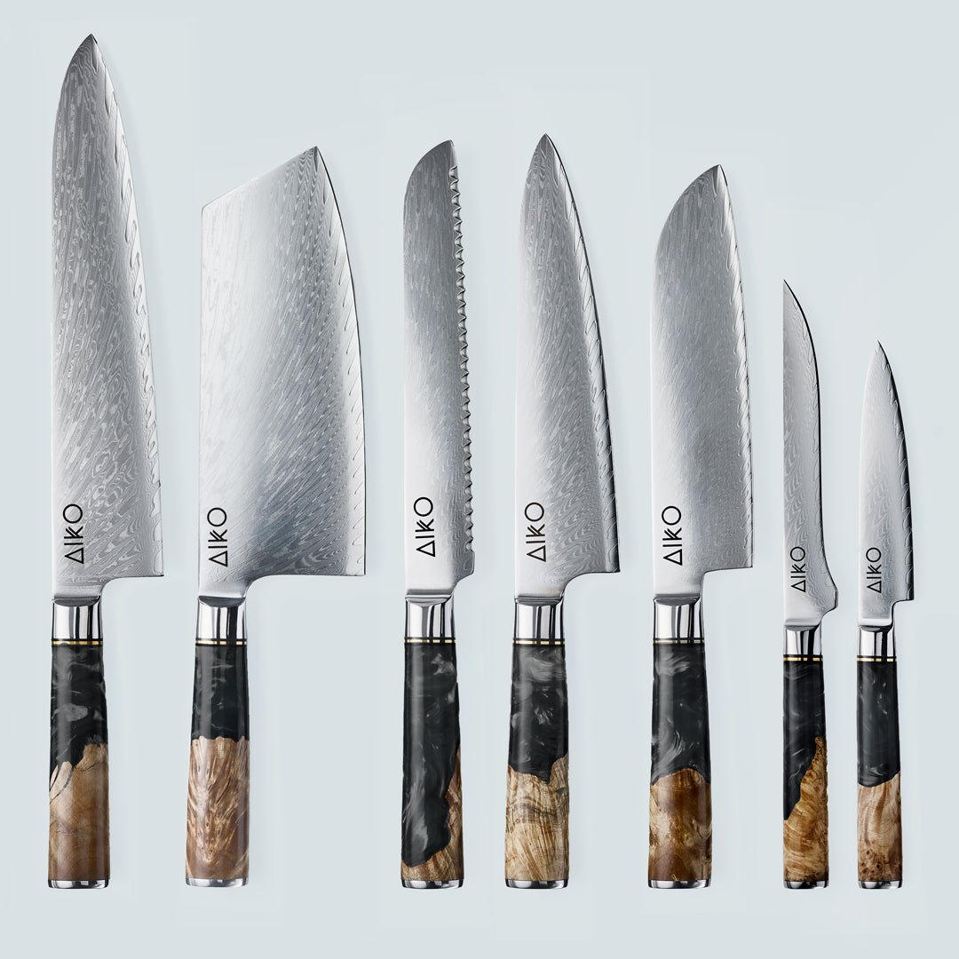 Aiko Black (あいこ, アイコ) Damascus stalen mes met gekleurde zwarte harshandgreep