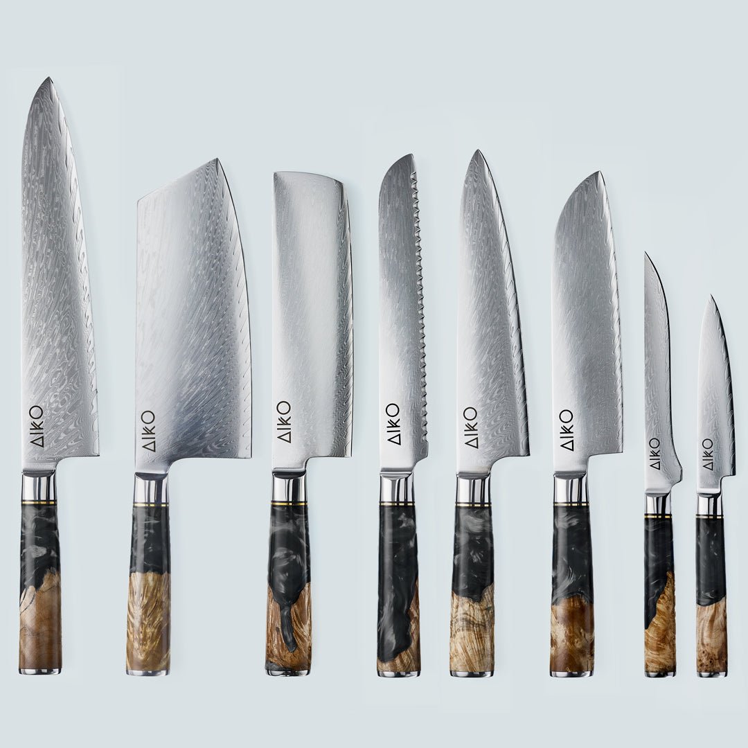 Aiko Black (あいこ, アイコ) Damascus stalen mes met gekleurde zwarte harshandgreep