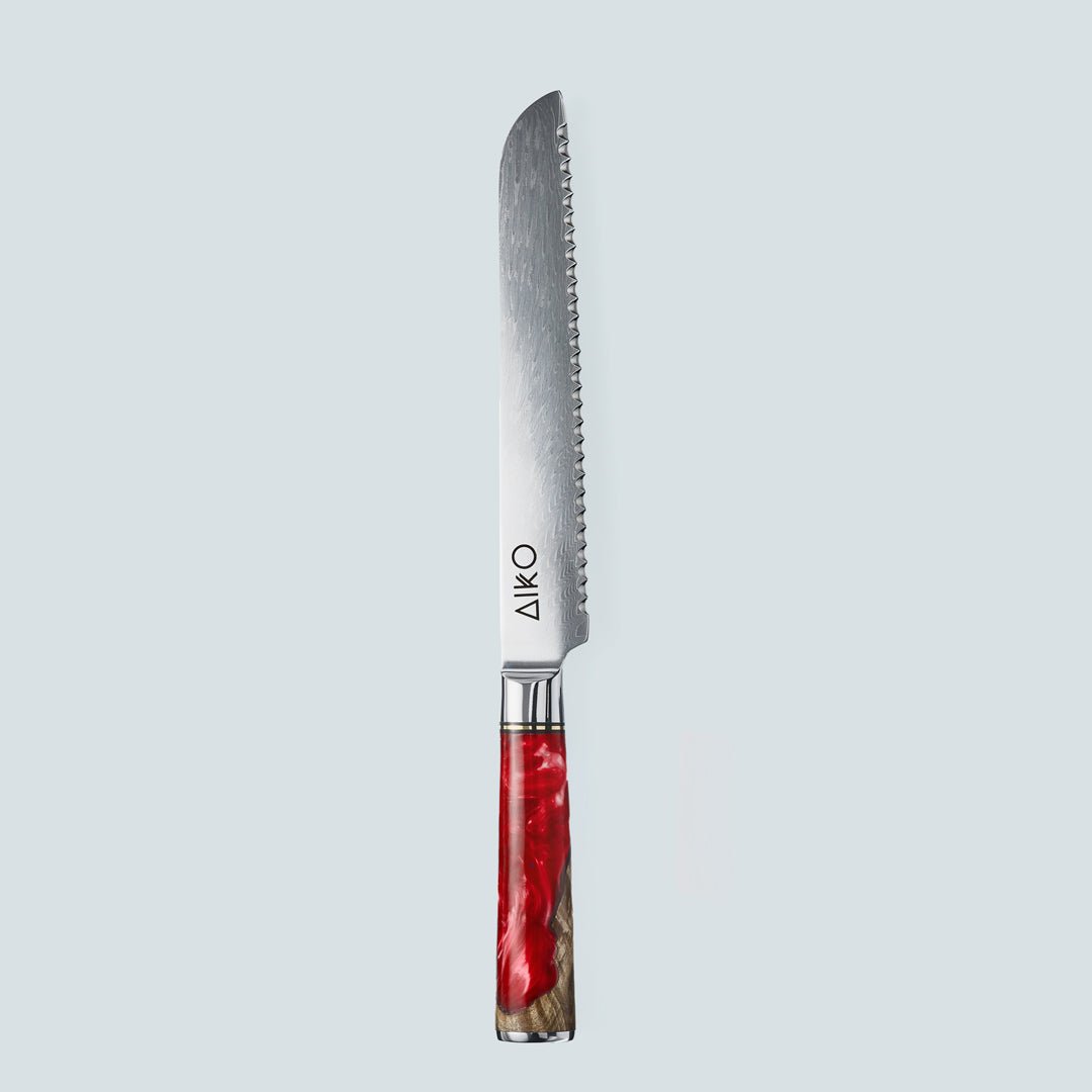 Aiko Red (あいこ, アイコ) Damas Steel Couteau avec poignée de résine rouge colorée