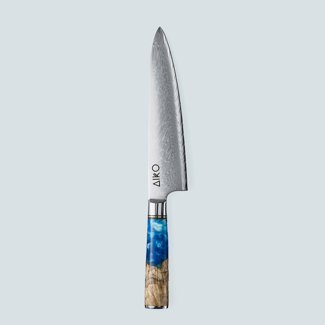 Aiko Blue (あいこ, アイコ) Damaskus -Stahlmesser mit farbigem Blauharzgriff