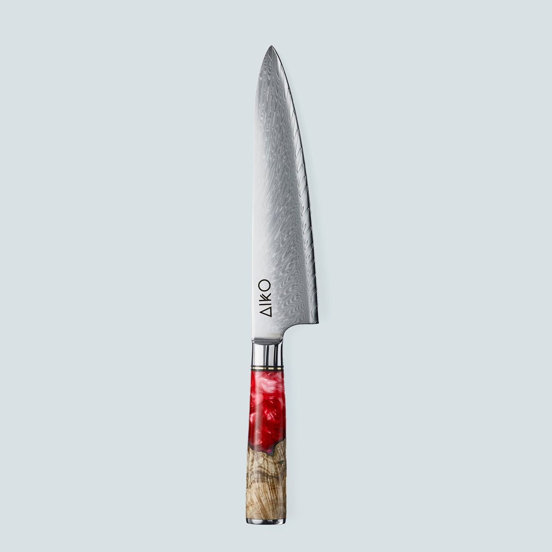 Aiko Red (あいこ, アイコ) Damas Steel Couteau avec poignée de résine rouge colorée