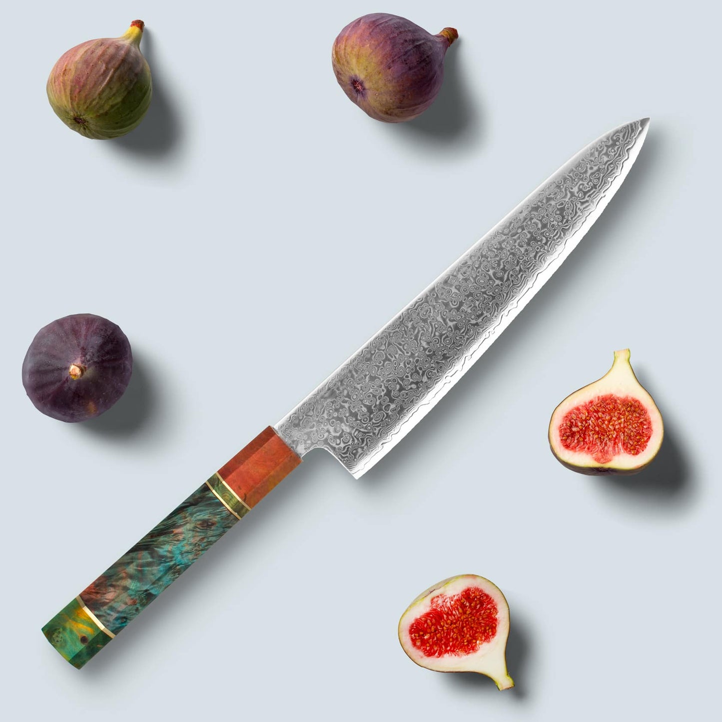 Ichika (いちか) Damascus stalen mes met gekleurde achthoekige handgreep