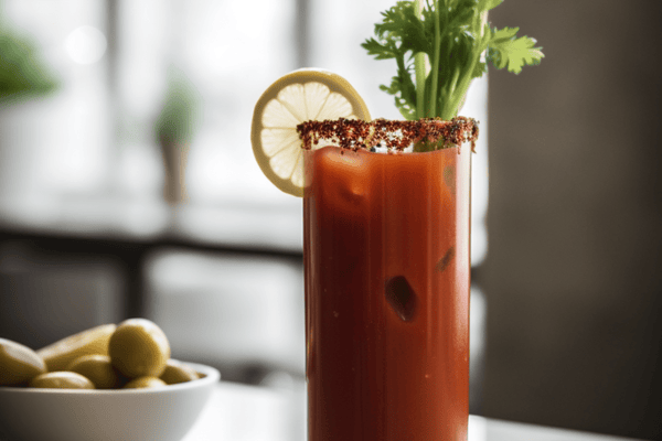 Spicy Classic Bloody Mary Cocktail with Celery Salt Rim and Pickle Garnish