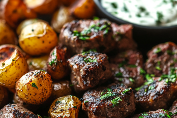 Saturday Night Dinner: Garlic Butter Steak Bites with Roasted Baby Potatoes and Herbed Aioli