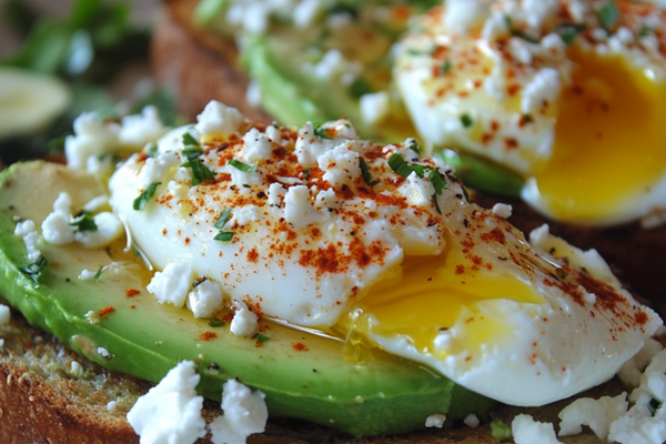 Sunday Brunch: Avocado Toast with Poached Eggs, Feta & Chili Oil