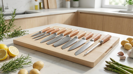 Japanese VG10 Damascus knife set on a chopping board in a bright modern kitchen – Santoku Knives