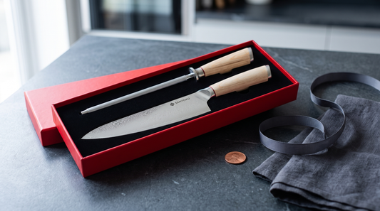 Open Haruta VG10 Damascus chef knife and sharpening steel gift box on a charcoal worktop with a copper penny beside it