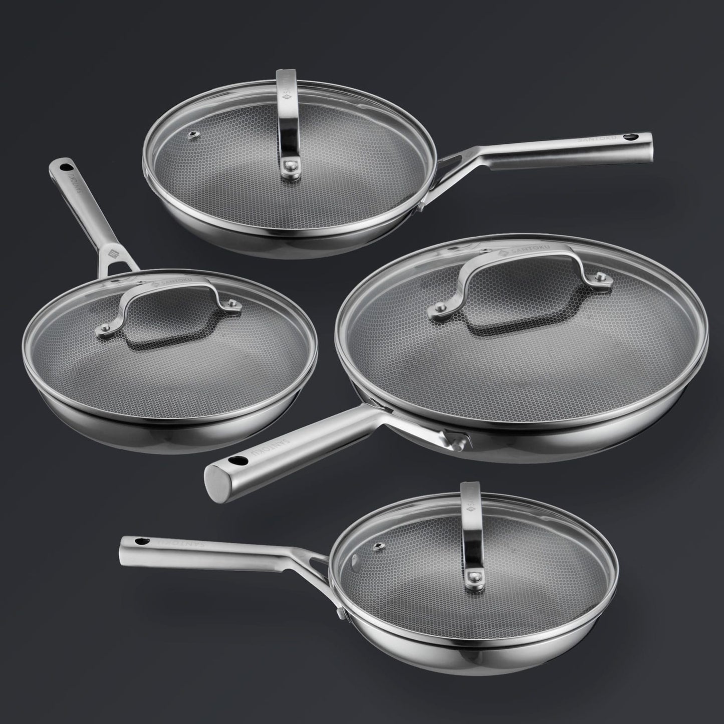 Hive Hybrid™ 8-Piece Pan & Lid Set (4 Frying Pans + 4 Matching Lids)