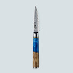 Aiko-Messer aus blauem Damaststahl mit farbigem blauem Harzgriff