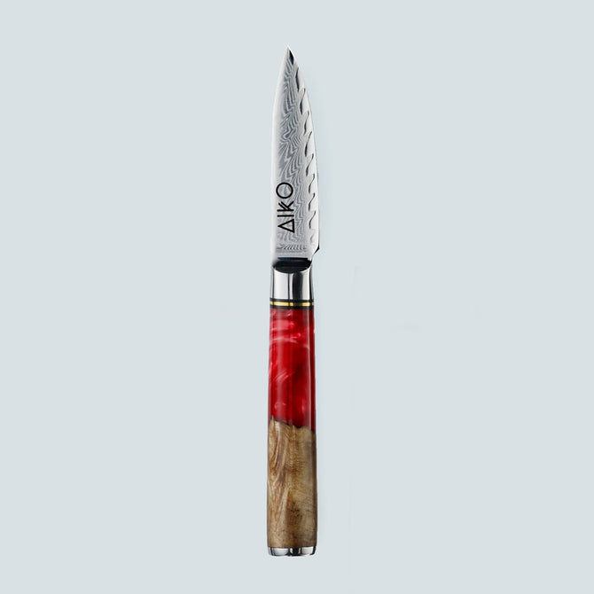 Aiko rood Damascus stalen mes met gekleurd rood harshandvat