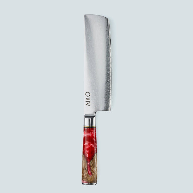 Aiko rood Damascus stalen mes met gekleurd rood harshandvat