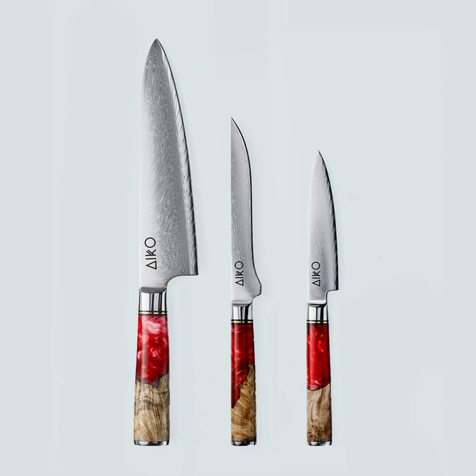 Aiko rood Damascus stalen mes met gekleurd rood harshandvat