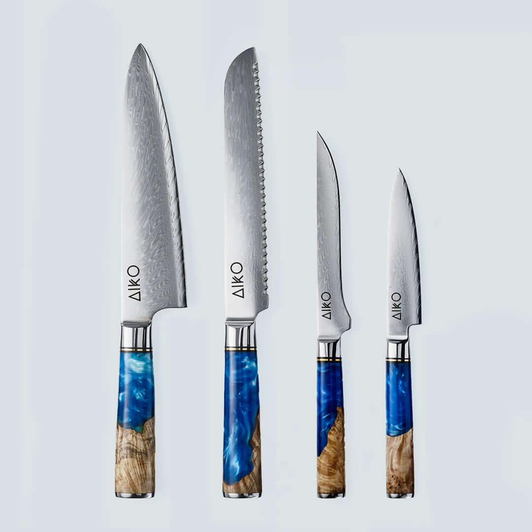 Aiko Blue Damascus Steel Knife with Coloured Blue Resin Handle