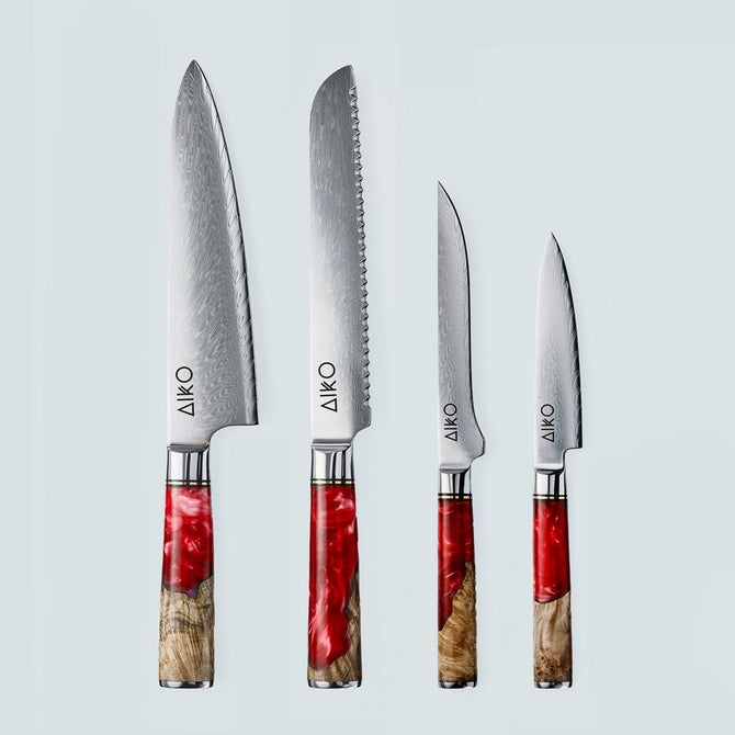 Aiko rood Damascus stalen mes met gekleurd rood harshandvat