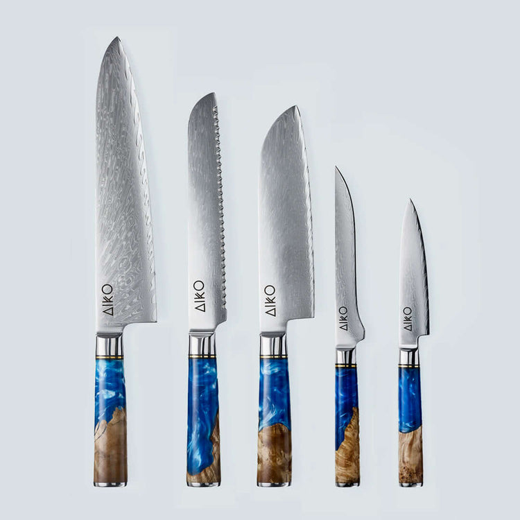 Aiko Blue Damascus Steel Knife with Coloured Blue Resin Handle