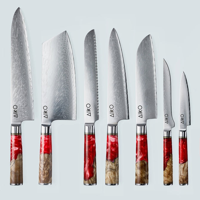 Aiko rood Damascus stalen mes met gekleurd rood harshandvat