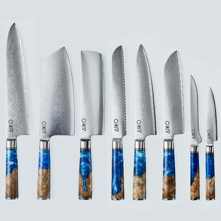 Aiko Blue Damascus Steel Knife with Coloured Blue Resin Handle