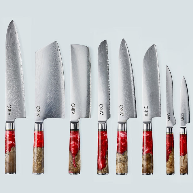Aiko rood Damascus stalen mes met gekleurd rood harshandvat