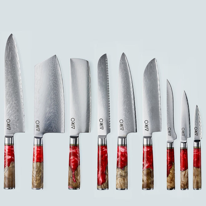 Aiko rood Damascus stalen mes met gekleurd rood harshandvat
