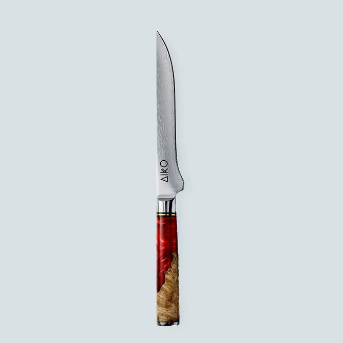 Aiko rood Damascus stalen mes met gekleurd rood harshandvat