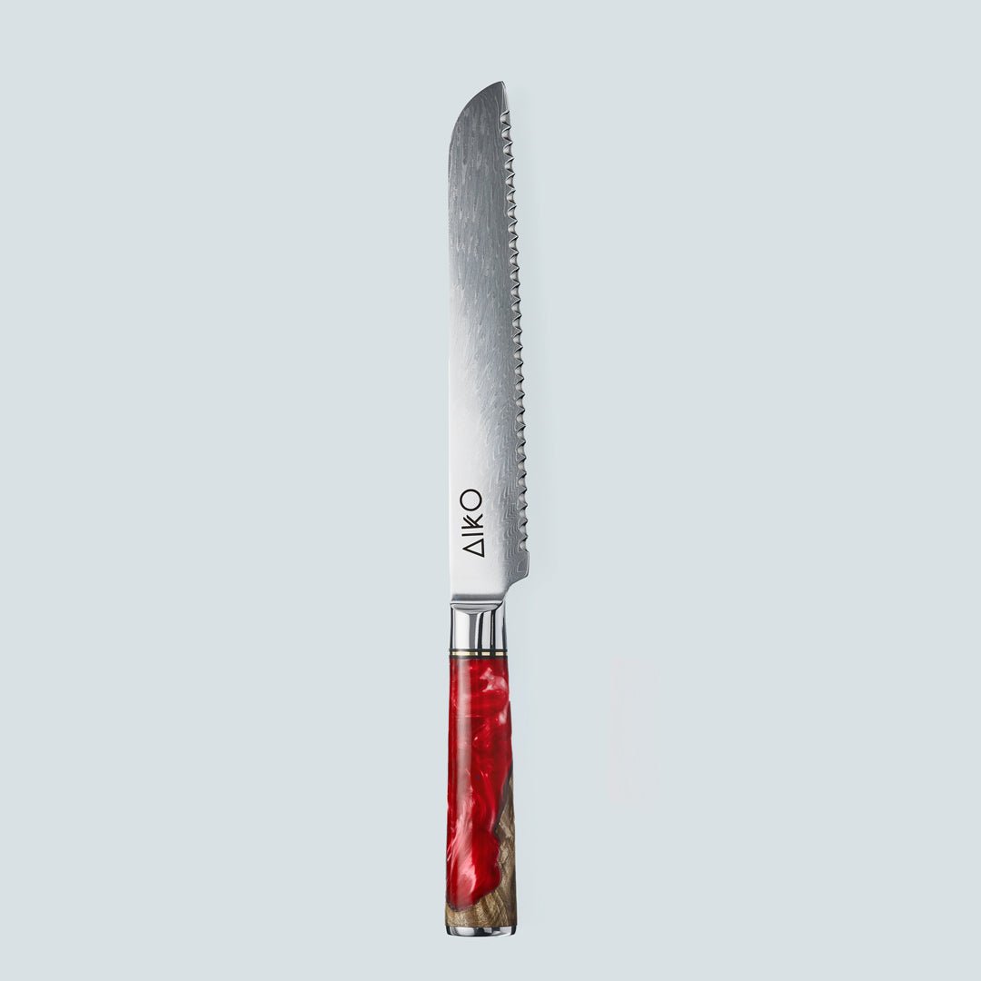 Aiko Red (あいこ, アイコ) Damaskus -Stahlmesser mit farbigem rotem Harzgriff