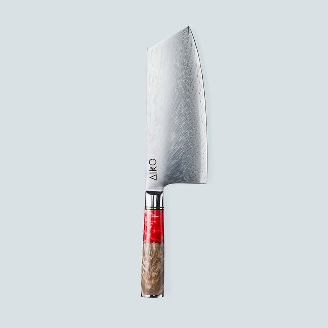 Aiko rood Damascus stalen mes met gekleurd rood harshandvat