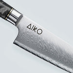 Aiko-Messer aus schwarzem Damaststahl mit farbigem schwarzem Harzgriff