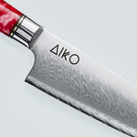 Aiko rood Damascus stalen mes met gekleurd rood harshandvat