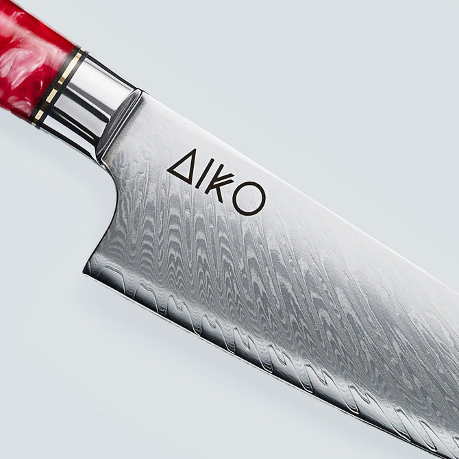 Aiko rood Damascus stalen mes met gekleurd rood harshandvat