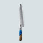 Aiko-Messer aus blauem Damaststahl mit farbigem blauem Harzgriff