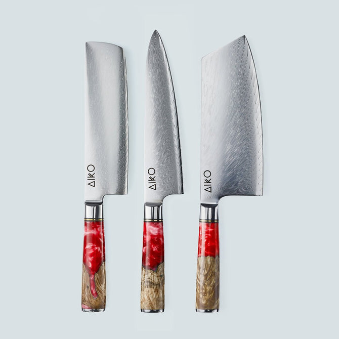 Aiko rood Damascus stalen mes met gekleurd rood harshandvat