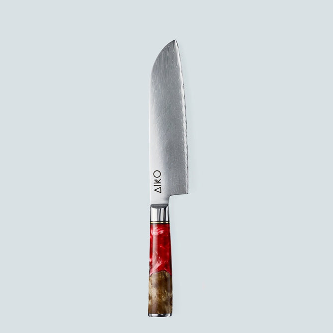 Aiko rood Damascus stalen mes met gekleurd rood harshandvat