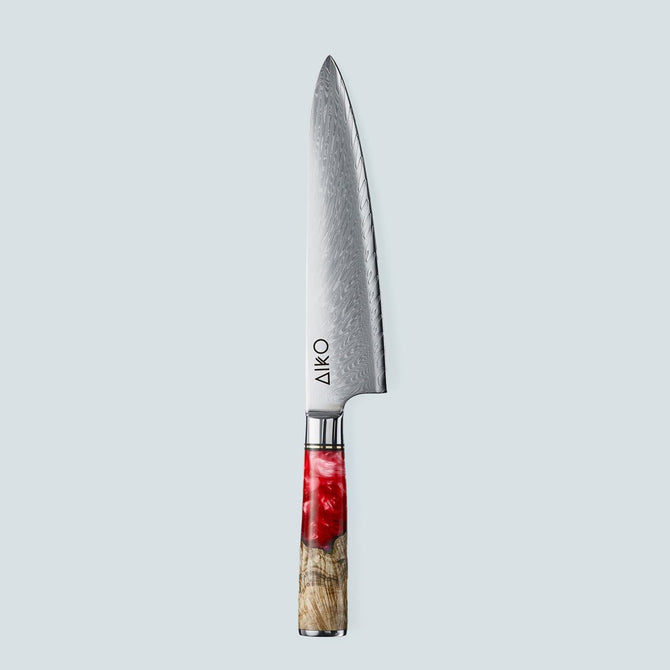 Aiko rood Damascus stalen mes met gekleurd rood harshandvat