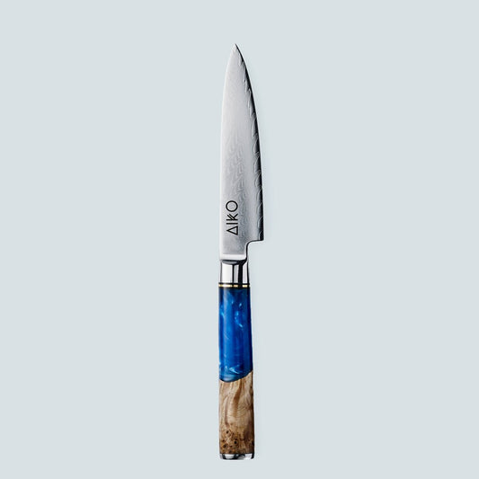 Aiko Bleu (あいこ, アイコ) Damas Steel Couteau avec manche en résine bleu colorée