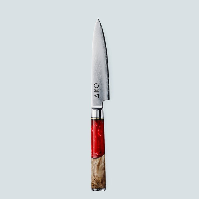 Aiko rood Damascus stalen mes met gekleurd rood harshandvat