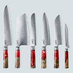 Aiko rood Damascus stalen mes met gekleurd rood harshandvat