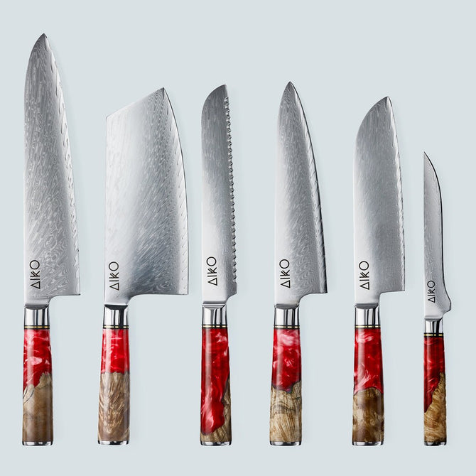 Aiko rood Damascus stalen mes met gekleurd rood harshandvat