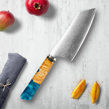 Makito Damascus stalen messen met gekleurde blauwe harshandgreep