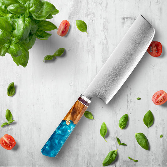 Makito Damaskus Stahlmesser mit farbigem Blauharzgriff