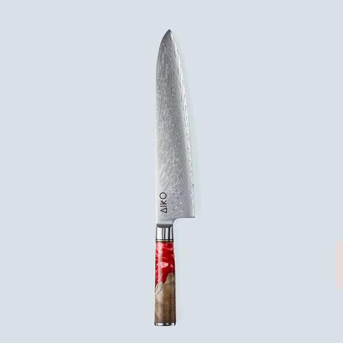 Aiko rood Damascus stalen mes met gekleurd rood harshandvat